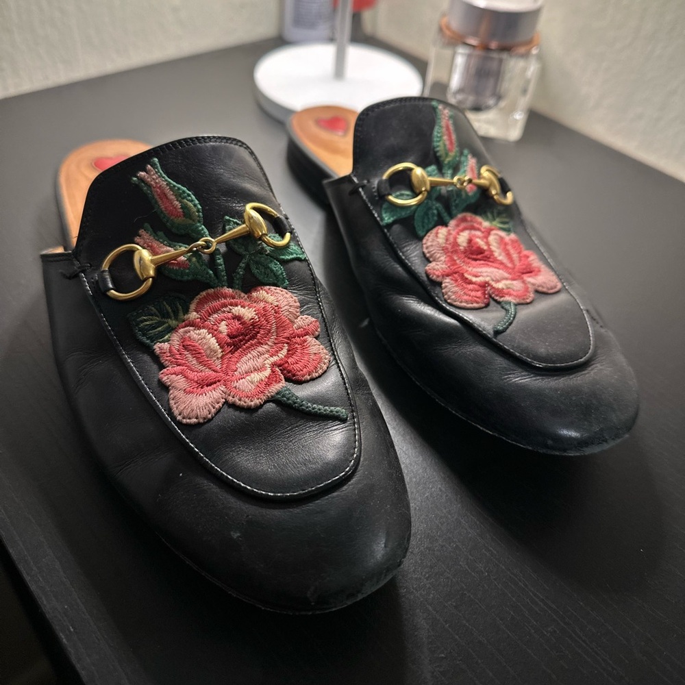 Gucci Black and Pink Princetown Mules with Floral Embroidery